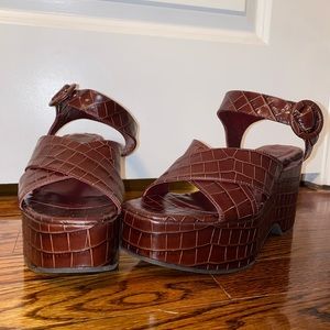 STAUD Women's Brown Jane Croc-effect Leather Platform Sandals